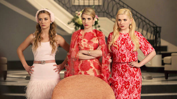 SCREAM QUEENS: Pictured L-R: Billie Lourd as Chanel #3, Emma Roberts as Chanel Oberlin and Abigail Breslin as Chanel #5 in 