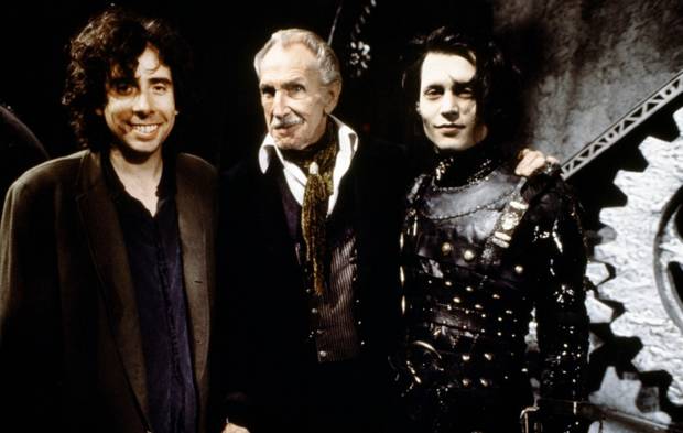 De izquierda a derecha: Tim Burton, Vincent Price y Johnny Depp durante el rodaje de 