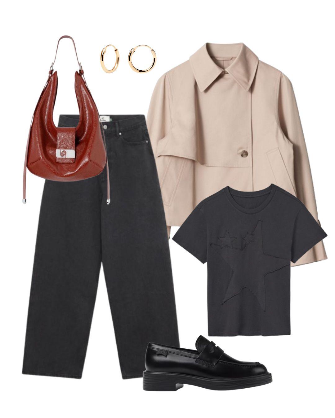 Gabardina de &Other Stories. Precio: 149€. Jeans de Scuffers. Precio: 79€. Camiseta de gimaguas. Precio: 69€. Mocasines de Camper. Precio: 170€. Bolso de Laagam. Precio: 129€. Pendientes de PdePaola. Precio: 29€.