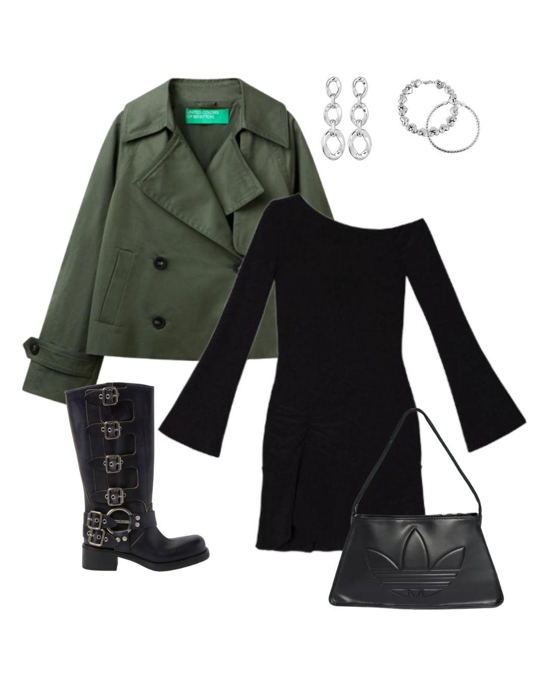 Gabardina de Benetton. Precio: 129€. Vestido de THE-ARE vía Zalando. Precio 55,95€. Botas de Miu Miu. Precio: 2000€. Pulsera Cadena de TwoJeys. Precio: 70€. Pulsera de TowJeys. Precio: 120€. Bolso de adidas. Precio: 45€. Pendientes de Unode50. Precio: 150€.