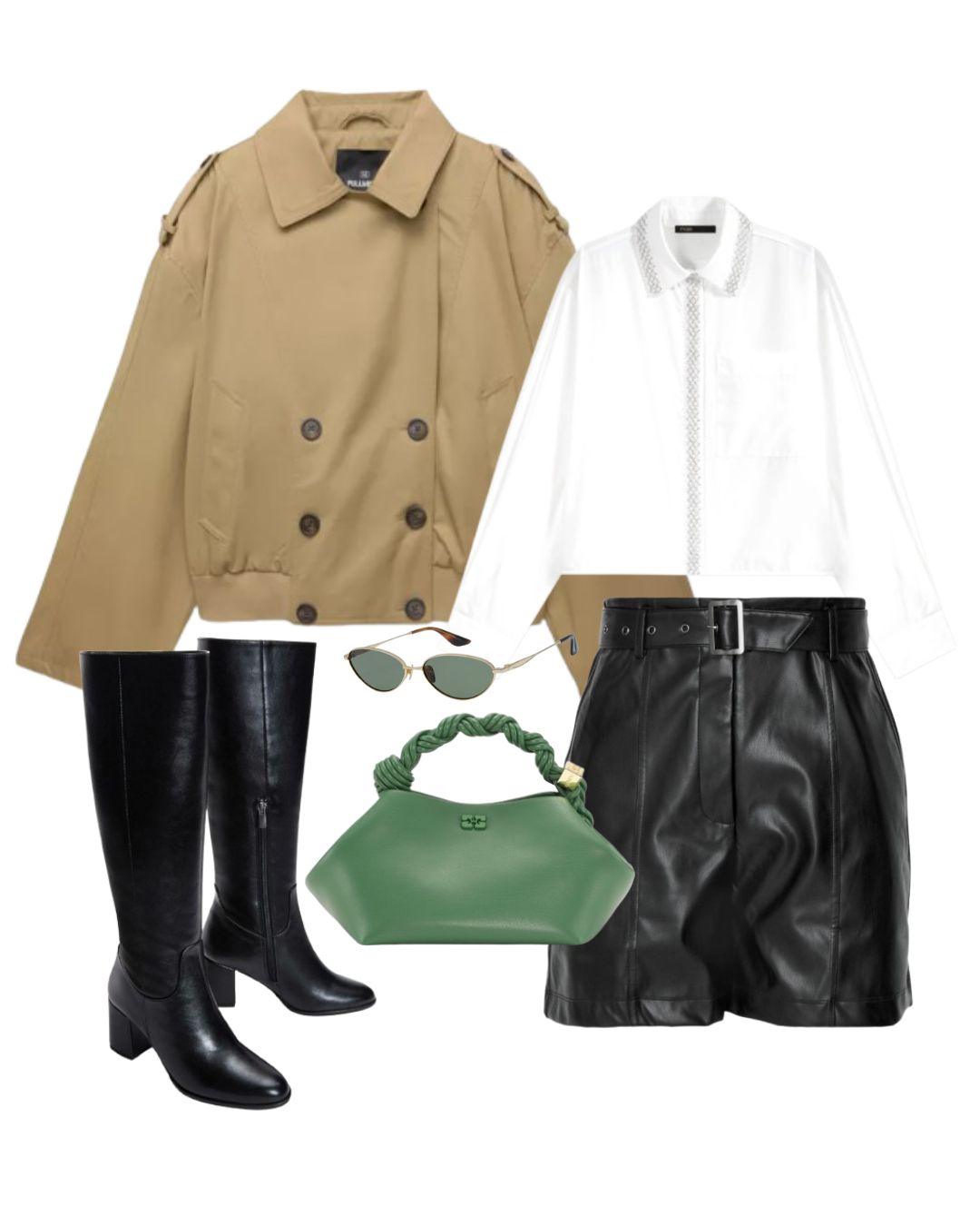 Gabardina de Pull&Bear. Precio: 39,99€. Bermudas Even&Odd vía Zalando. Precio: 30,99€. Botas de Dermiod vía Zalando. Precio: 149,99€. Bolso de Ganni. Precio: 395€. Gafas de GigiStudio. Precio: 185€.