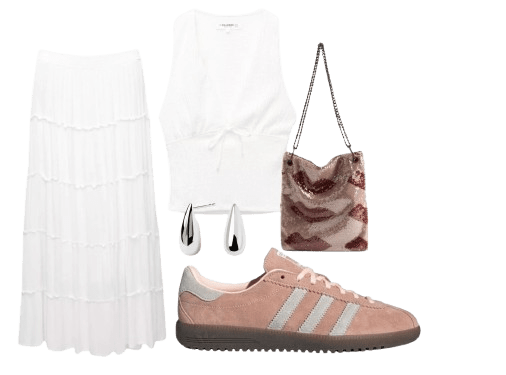 Look 3 con zapatillas rosas y rayas blancas.