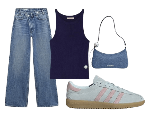 Look 2 con zapatillas azules y rayas rosas.