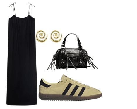 Look 3 con zapatillas amarillas y rayas negras.