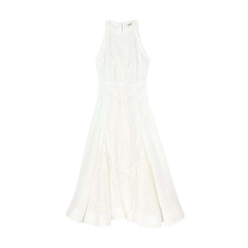 Vestido blanco largo con galones de encaje de Sandro