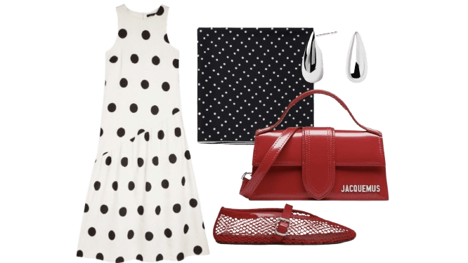 Look 1 con vestido de lunares.