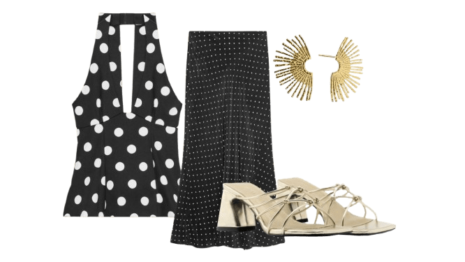 Conjunto de falda con top estampado lunares.