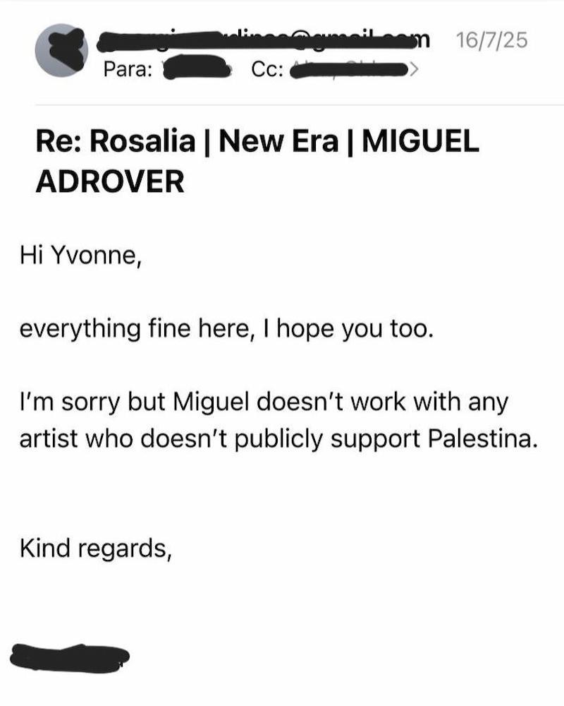 Correo de Miguel Adrover al equipo de Rosalía