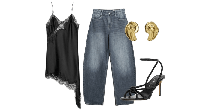 Look 1 con vestido lencero de Zara.