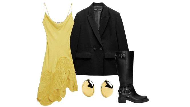 Look 3 con vestido satinado amarillo asimétrico de Desigual.