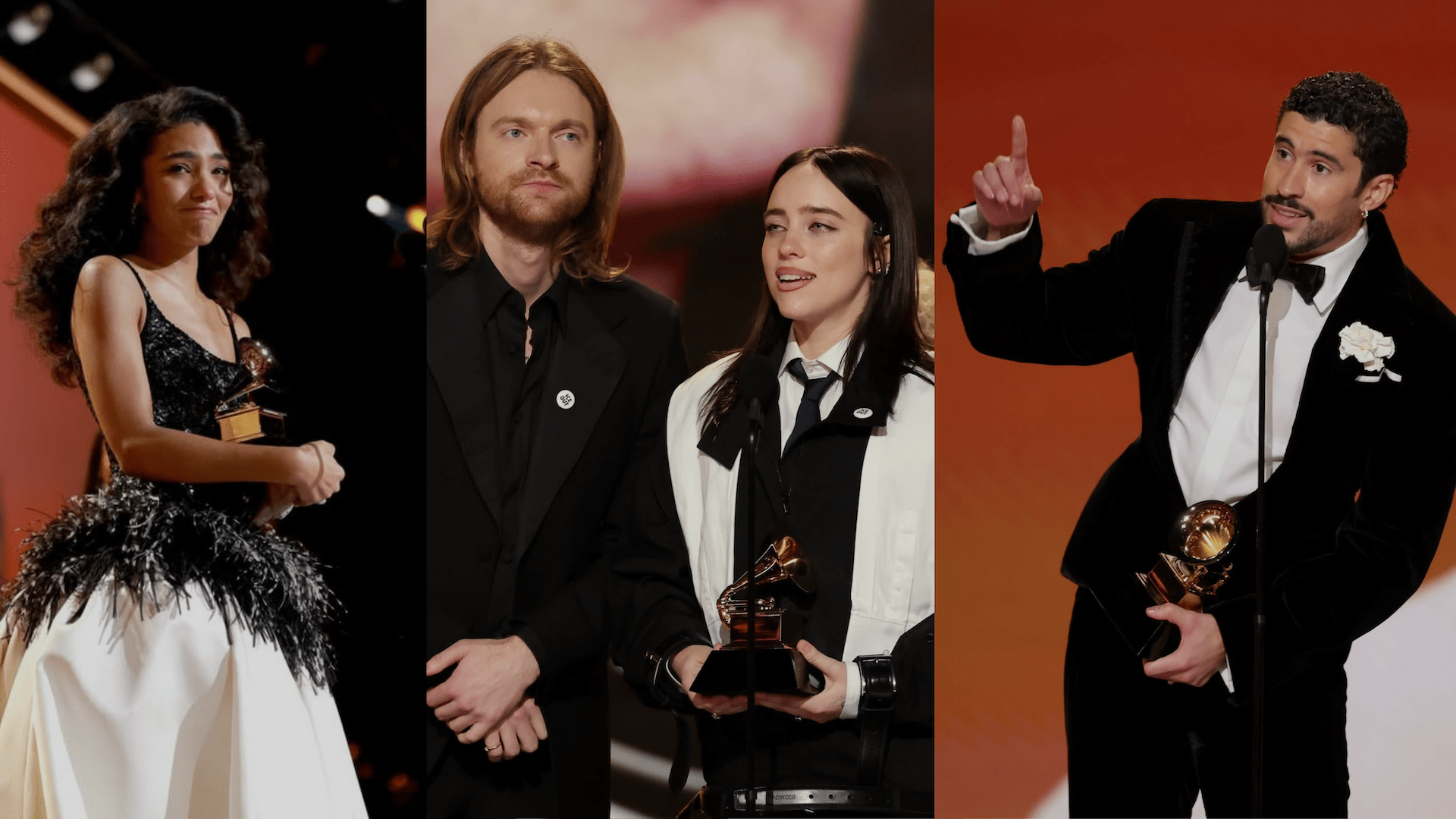 De izq a dcha: Olivia Dean; Finneas y Billie Eilish; y Bad Bunny, en la gala de los Grammy 2026. Imagen: @grammys