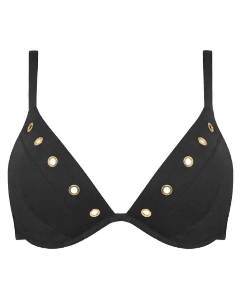 Bikini negro de Chantelle con argollas metálicas, ideal para pecho grande y máxima sujeción.