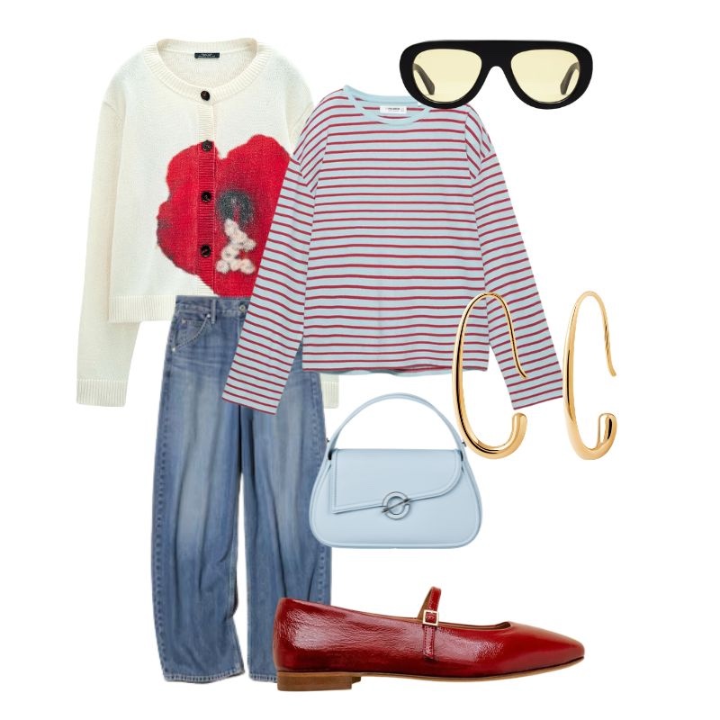 Cardigán PARFOIS. Precio: 39,99€, vaqueros UNIQLO. Precio: 39,90€, camiseta PULL AND BEAR. Precio: 15,99€, bolso SAMSØE SAMSØE. Precio: 350€, bailarinas BOBBIES PARIS. Precio: 195€, gafas JIMMY FAIRLY. Precio: 135€ y pendientes PDPAOLA. Precio: 99€
