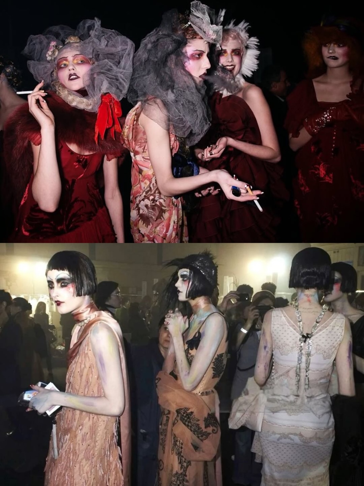 El maquillaje y los tocados formaron parte esencial de la construcción de personajes en los desfiles de John Galliano. Imagen: @lildenimjean