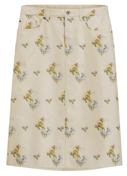 Falda lápiz de Dior en sarga de seda con estampado floral «Dior Secret Garden», corte recto hasta la rodilla y acabado en color crudo multicolor