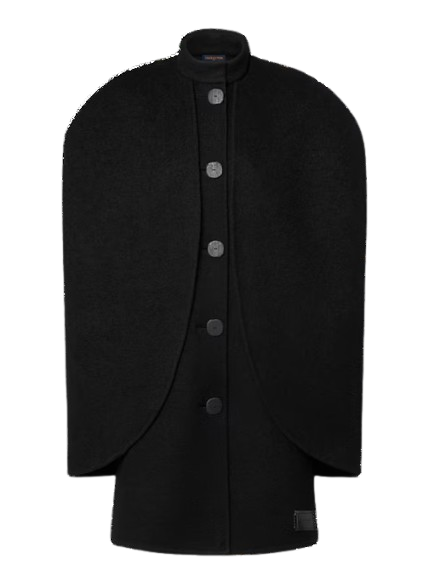 Abrigo tipo capa negro de Louis Vuitton, con silueta redondeada, cuerpo sin mangas, cuello alto y cierre de botones