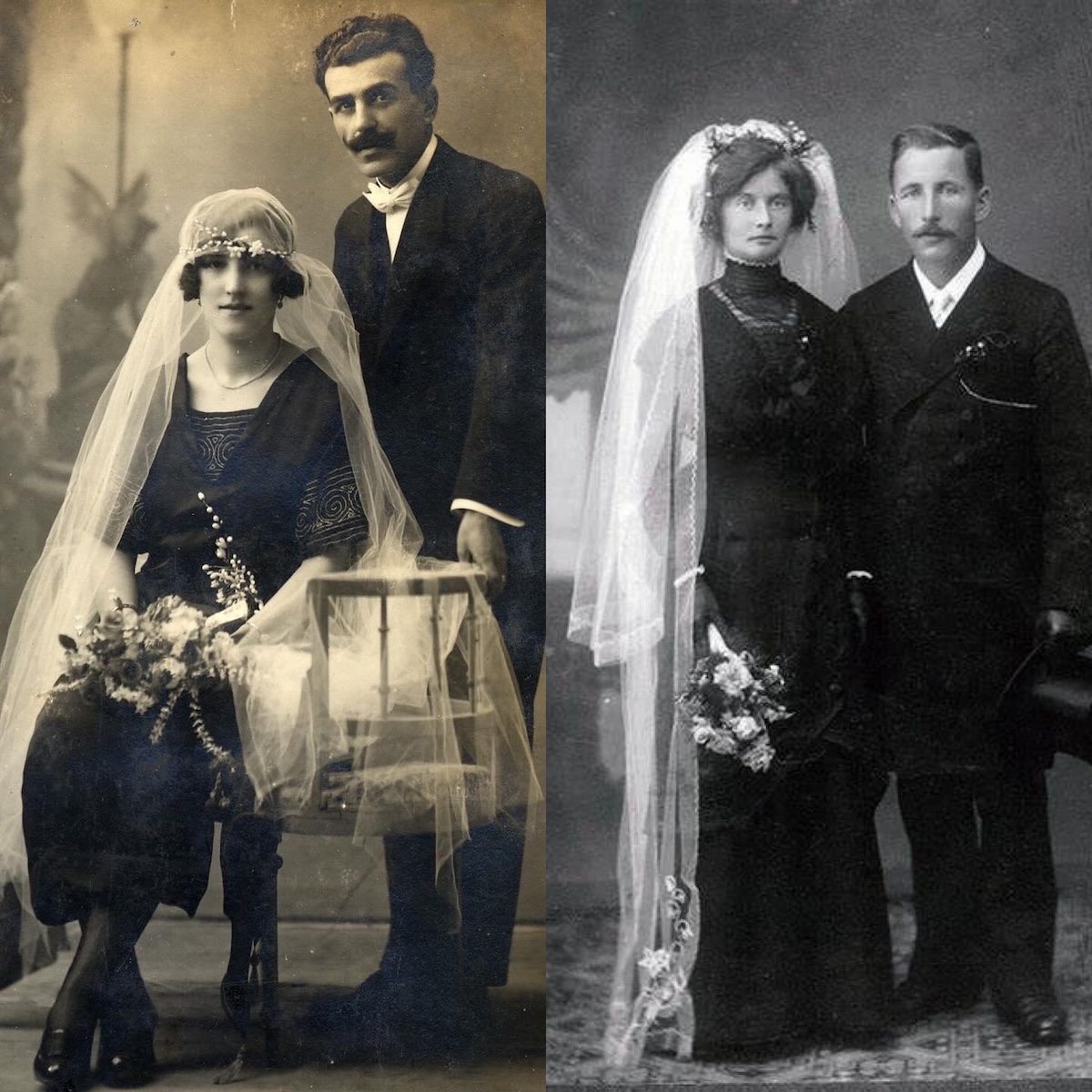 Dos retratos fotográficos antiguos de parejas el día de su boda, con las novias luciendo vestidos oscuros tradicionales de principios del siglo XX y velos blancos de tul