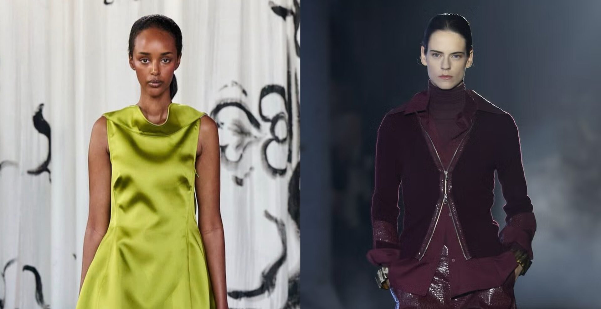 El ciruela y el verde pistacho son los nuevos colores de moda para otoño 2026. Imágenes: cortesía de Simorra y Stine Goya