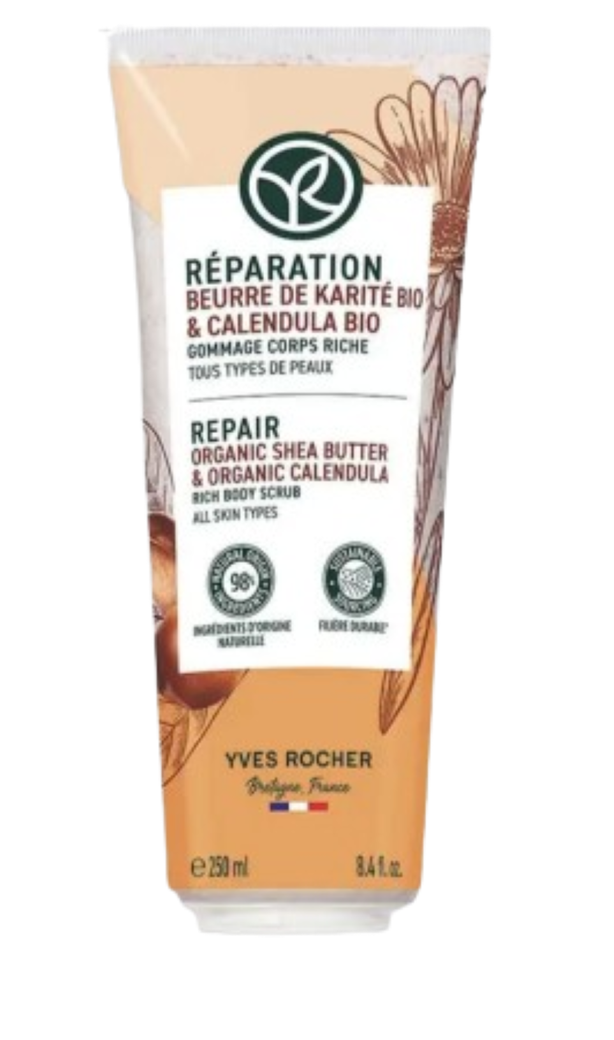 Exfoliante Corporal Nutritivo, de Yves Rocher, una fórmula de exfoliante corporal con manteca de karité bio y caléndula que exfolia suavemente mientras nutre y devuelve el confort a la piel seca. Precio: 19,90 €