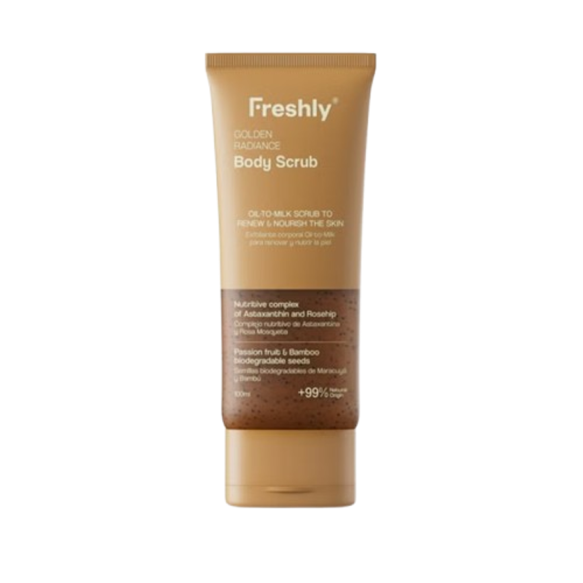 Golden Radiance Body Scrub, de Freshly Cosmetics, un exfoliante corporal en aceite con partículas de bambú y semillas de fruta de la pasión que renueva, nutre y devuelve la luminosidad a la piel. Druni. Precio: 22,95 €