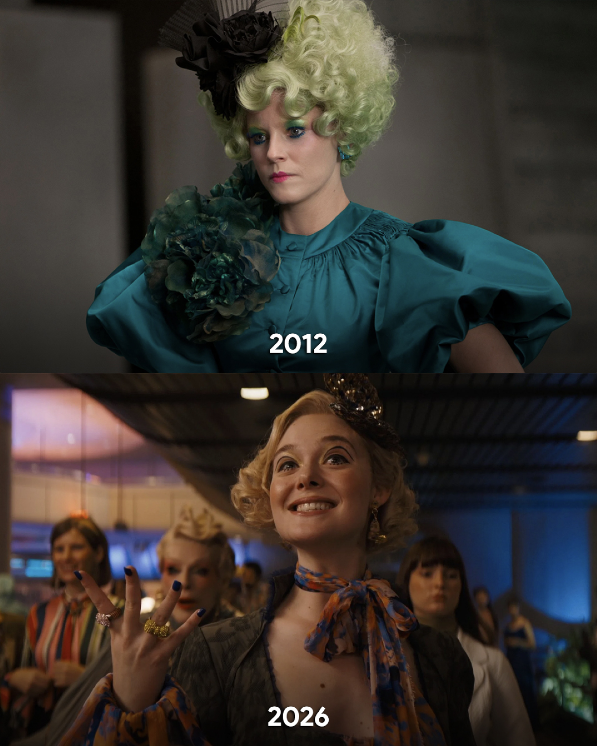 Comparativa de Effie Trinket en «Los Juegos del Hambre» de 2012 y «Amanecer en la cosecha» de 2026, con ambas versiones del personaje caracterizadas con peinados y vestuarios inspirados en la estética de Capitolio.