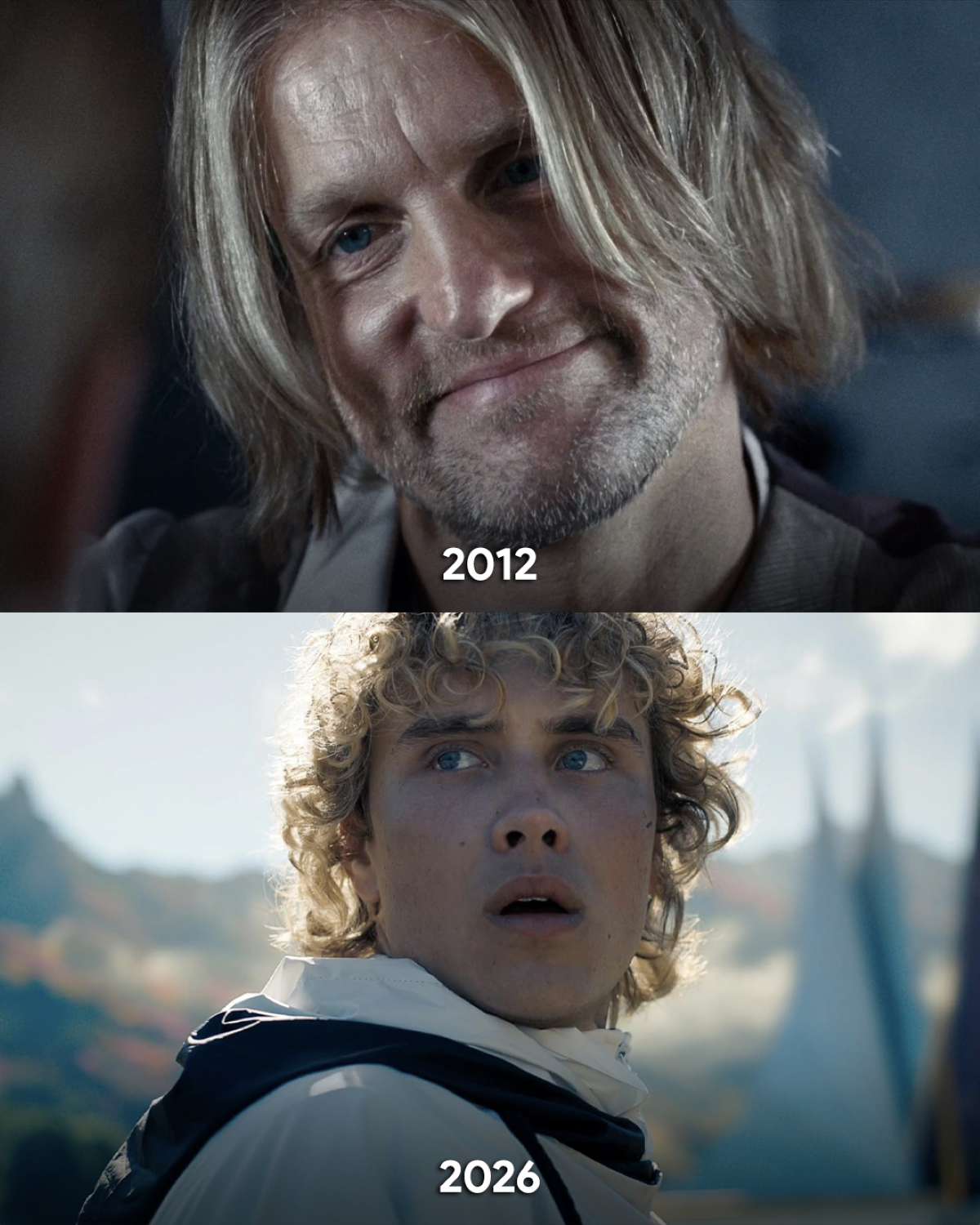 Comparativa de Woody Harrelson en «Los Juegos del Hambre» de 2012 y Joseph Zada como Haymitch Abernathy en «Amanecer en la cosecha» de 2026