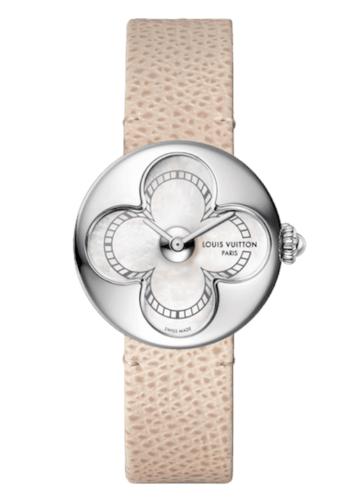 Reloj Color Blossom de Louis Vuitton, una pieza que destaca por su esfera de nácar blanco estampada con la icónica flor de la marca. Precio: 4.650€