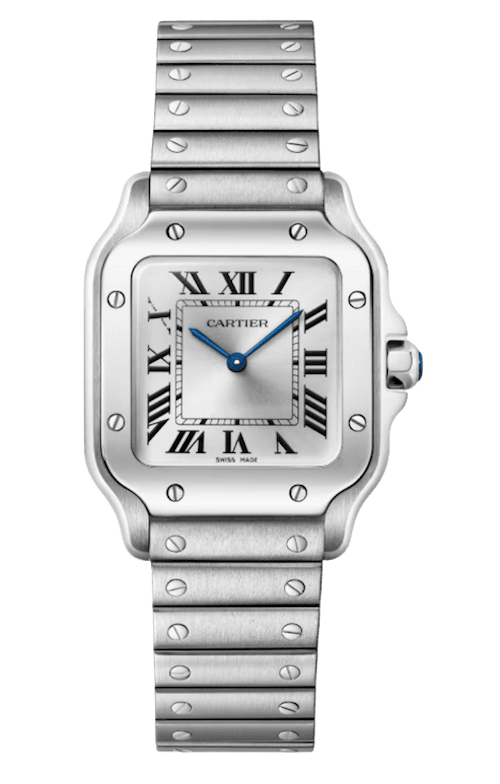 Reloj Santos de Cartier, el detalle de agujas de acero azulado en forma de espada aporta el toque perfecto de distinción y elegancia. Precio: 4.400€