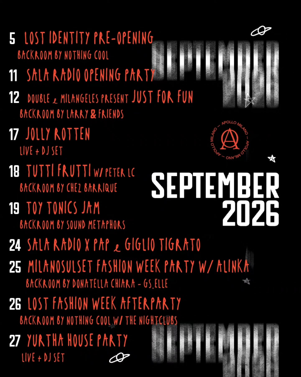 Cartel de Apollo Milano con la programación de fiestas de septiembre de 2026, destacando las afterparties de la Milan Fashion Week del 24, 25 y 26 de septiembre