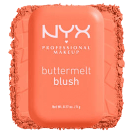 Colorete en polvo «Buttermelt Blush» de NYX Professional Makeup en el tono «03 Sooner The Butta», de color mandarina y acabado luminoso