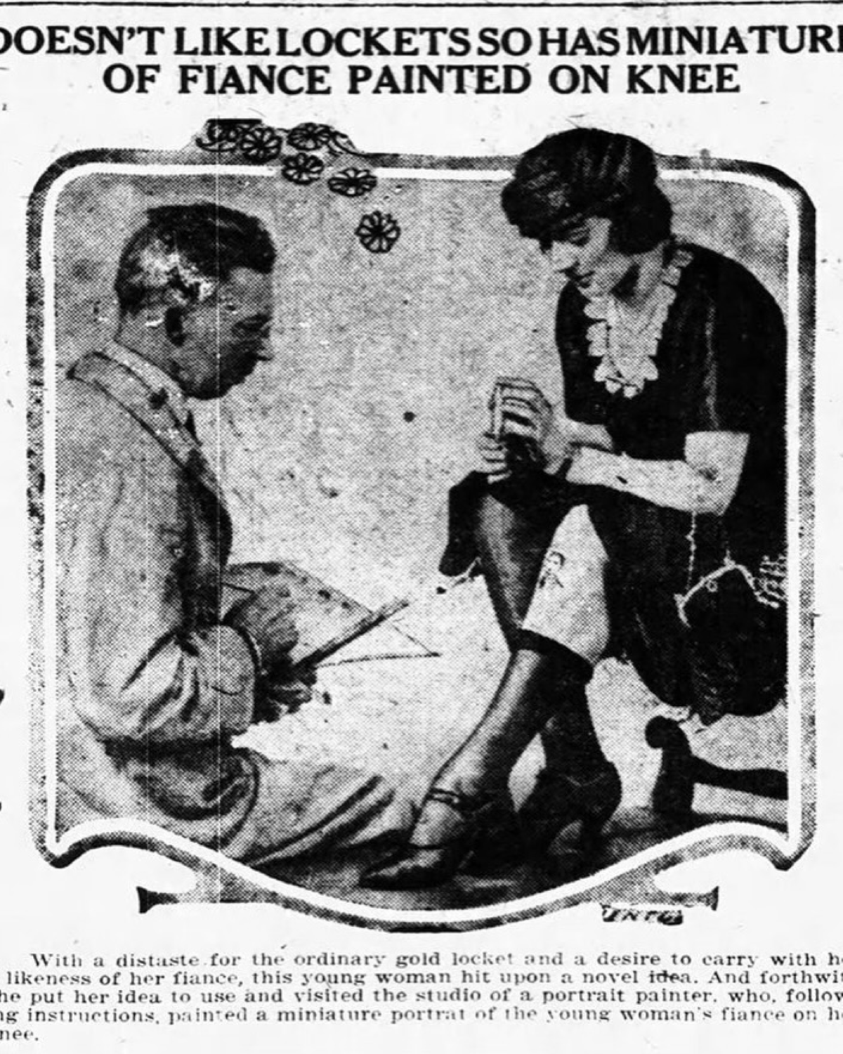 Una publicidad de los años 20 muestra una curiosa alternativa a los lockets: llevar una miniatura del prometido pintada directamente sobre la rodilla