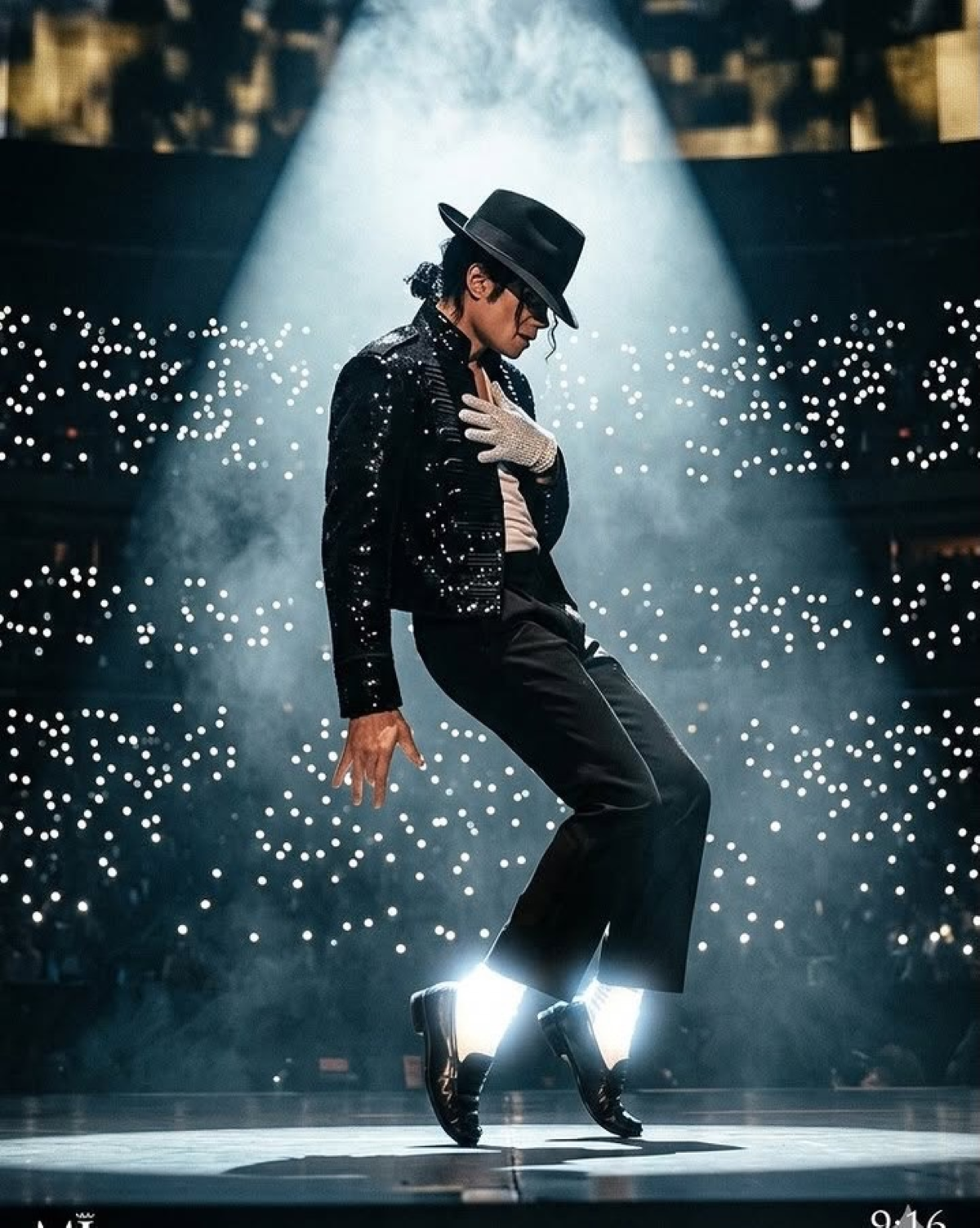 Michael Jackson durante su actuación de «Billie Jean», con traje negro y su icónico guante blanco
