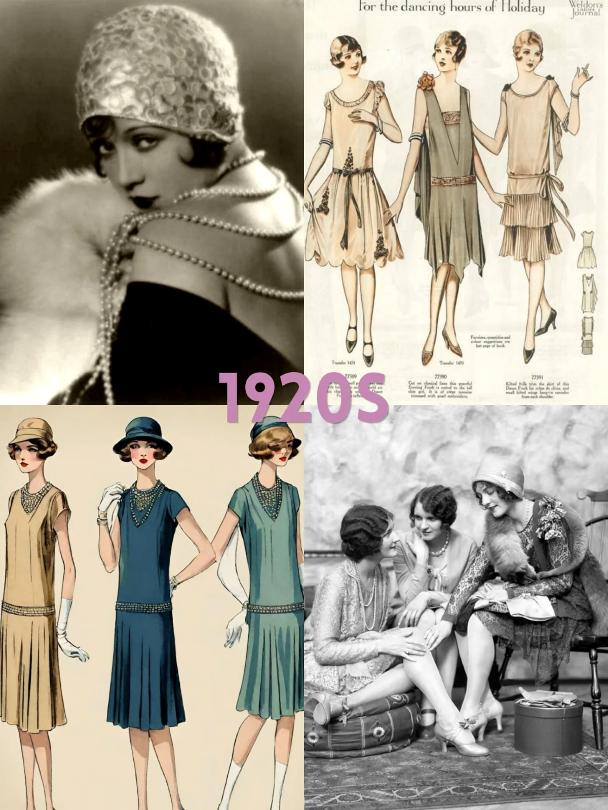Ilustración que muestra la moda femenina de los años 20, con mujeres vestidas con prendas de silueta recta, faldas por debajo de la rodilla y accesorios característicos de la época.