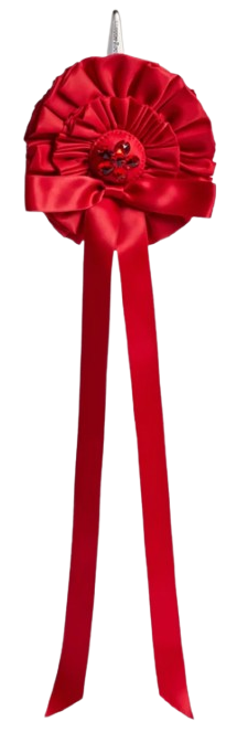 Colgante para bolso rojo de Simone Rocha con forma de roseta, decorado con cuentas y cintas colgantes