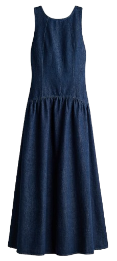 Vestido largo de denim azul oscuro de H&M, con tirantes anchos ajustables, cuerpo entallado y falda acampanada