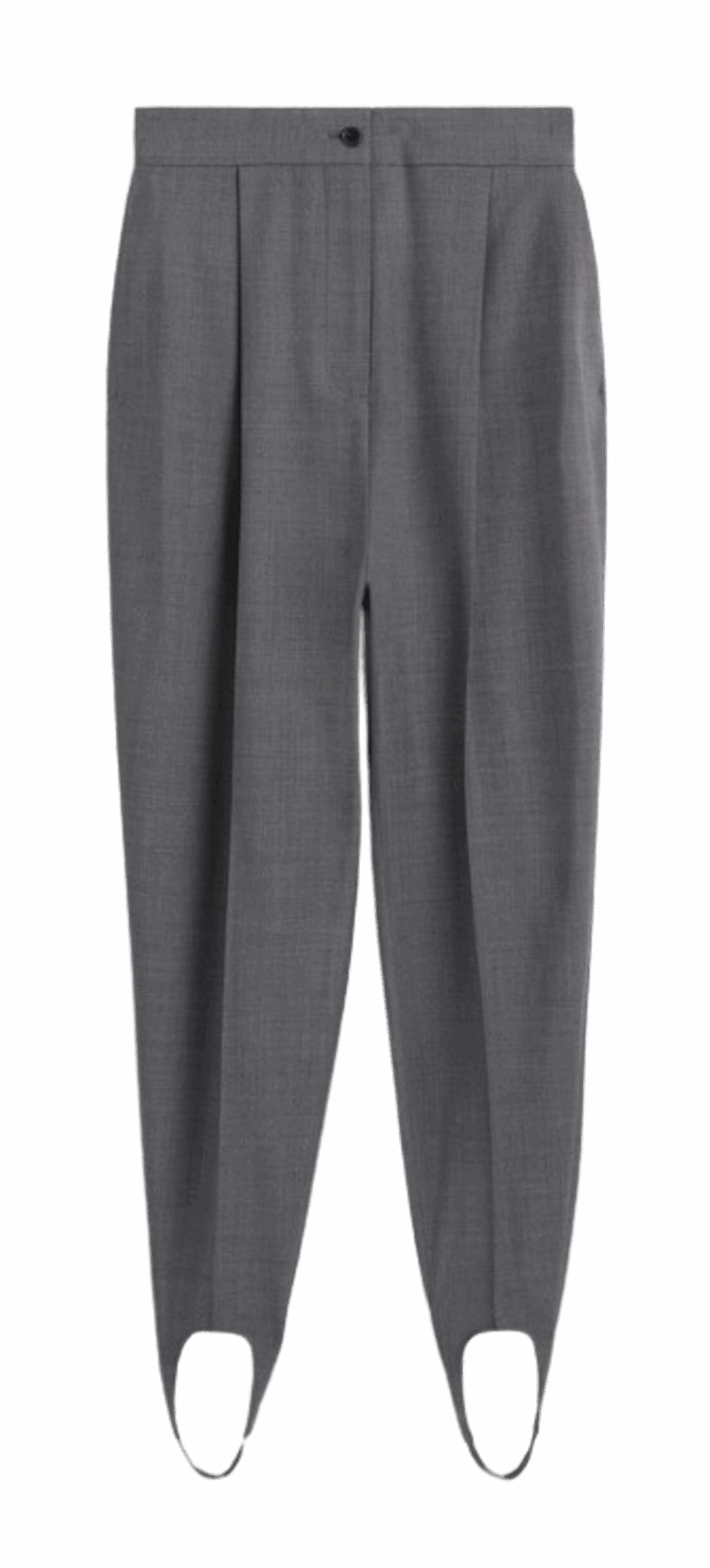 Pantalón de traje con estribo en gris. Precio: 129 € 