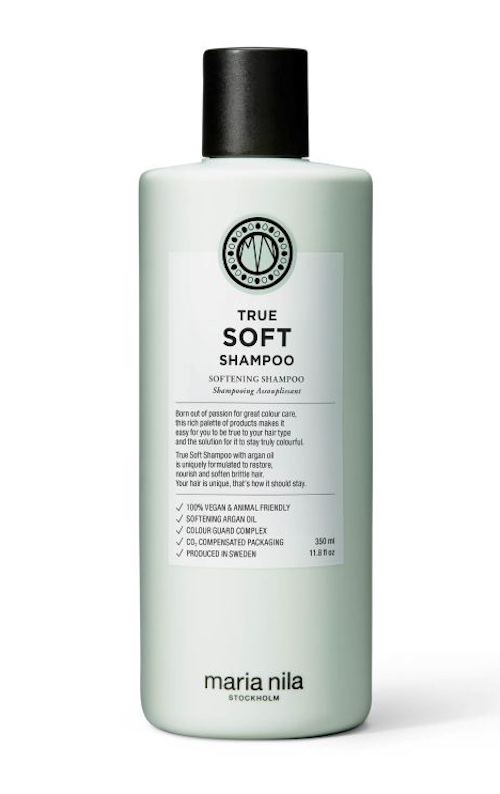 True Soft Shampoo, de Maria Nila, un champú fortalecedor e hidratante con aceite de argán que aporta brillo, reduce el encrespamiento y ayuda a proteger el color. Vip Beauty Store. Precio: 28 €