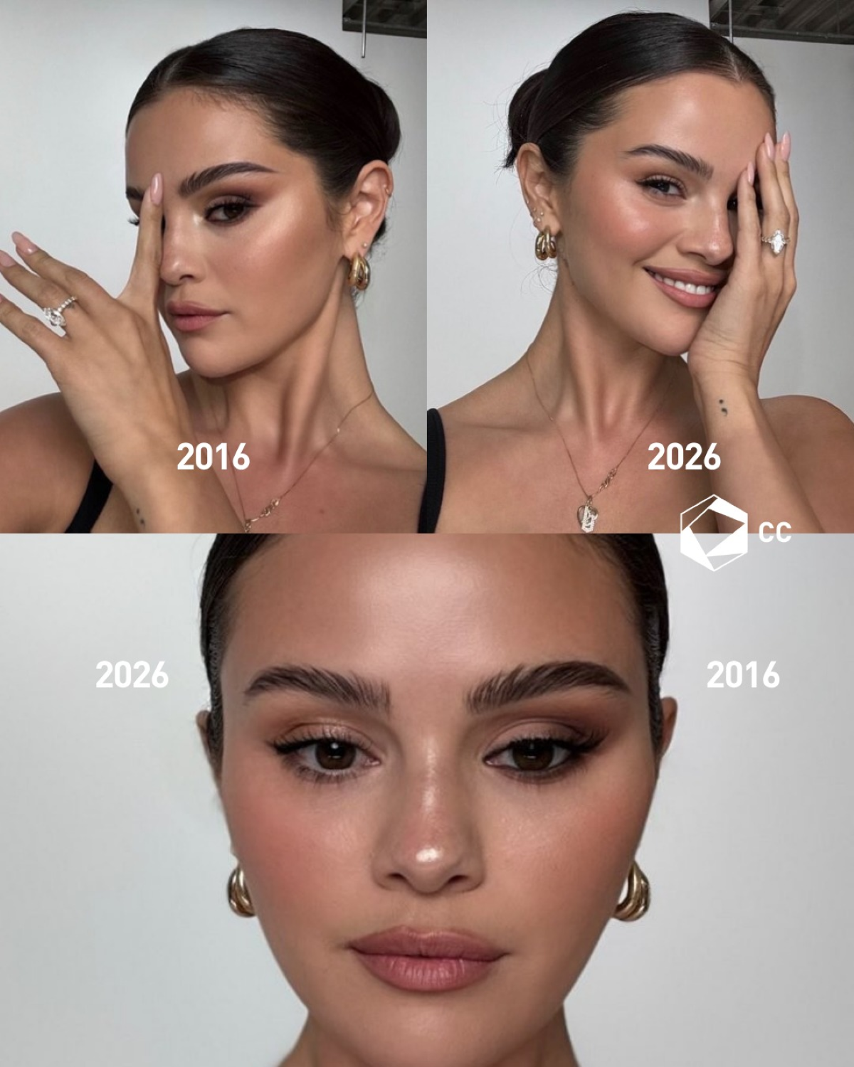 Comparativa de Selena Gomez con dos maquillajes, uno de 2016 y otro de 2026, mostrando la evolución de las tendencias de belleza en diez años