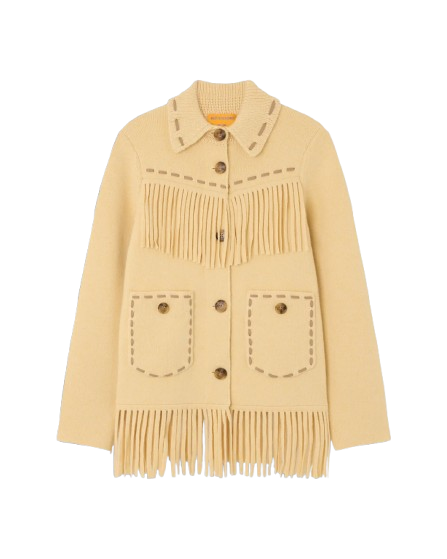 Chaqueta de punto color mantequilla de Guest in Residence, con flecos en el canesú y el bajo, ribetes de ante y bolsillos delanteros