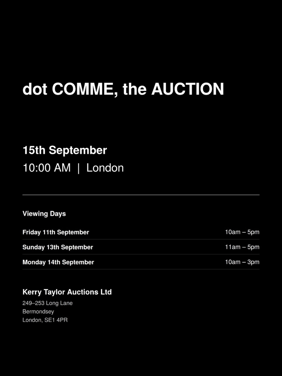 Cartel con los horarios de la subasta de Comme des Garçons. Imagen: @dotcomme