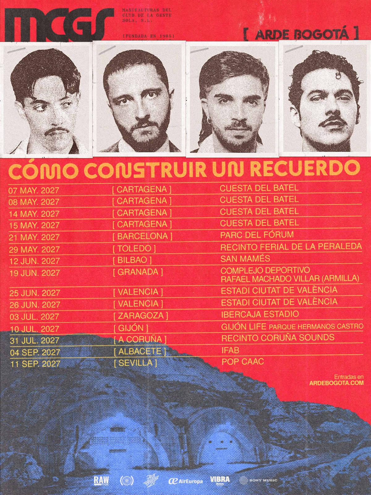 Cartel oficial de «Cómo construir un recuerdo», la gira de Arde Bogotá para 2027, con 15 conciertos en 11 ciudades españolas entre mayo y septiembre, una de las novedades musicales a fichar 