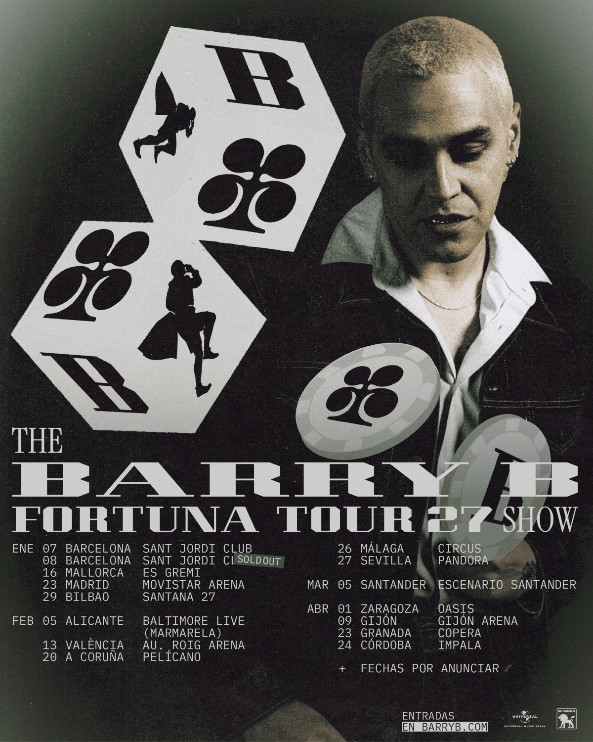 Cartel promocional de «Fortuna Tour 27», la nueva gira de Barry B, que arrancará en enero de 2027 con dos conciertos en el Sant Jordi Club de Barcelona y una fecha en el Movistar Arena de Madrid, una de las novedades musicales a fichar 