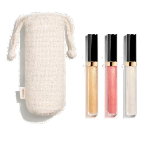Set de edición limitada de CHANEL con tres brillos de labios Rouge Coco Hydra Gloss en tonos nacarados: dorado, melocotón rosado y blanco dorado