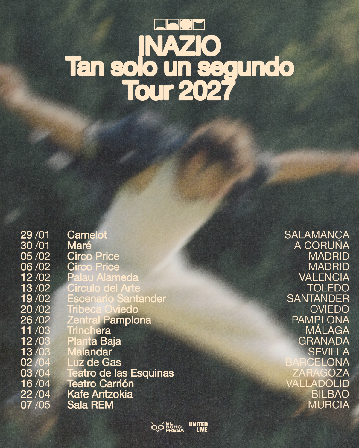 Cartel promocional de «Tan Solo Un Segundo Tour», la nueva gira de Inazio para presentar su álbum, con dos fechas en el Circo Price de Madrid los días 5 y 6 de febrero, una de las novedades musicales a fichar 