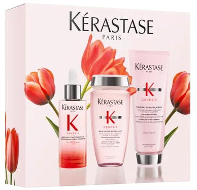 Cofre capilar «Set Genesis Classic» de Kérastase, compuesto por el champú Bain Hydra-Fortifiant de 250 ml, el acondicionador Fondant Renforçateur de 200 ml y el sérum Anti-Chute Fortifiant de 90 ml, para fortalecer el cabello debilitado y ayudar a reducir la rotura
