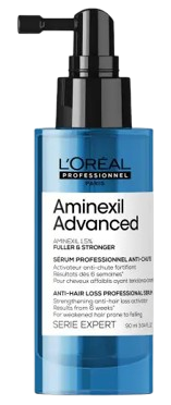 Sérum capilar «Aminexil Advanced Fuller & Stronger» de L’Oréal Professionnel, formulado con activos dermatológicos para el cabello con tendencia a la caída, diseñado para fortalecer la fibra capilar y mejorar su resistencia