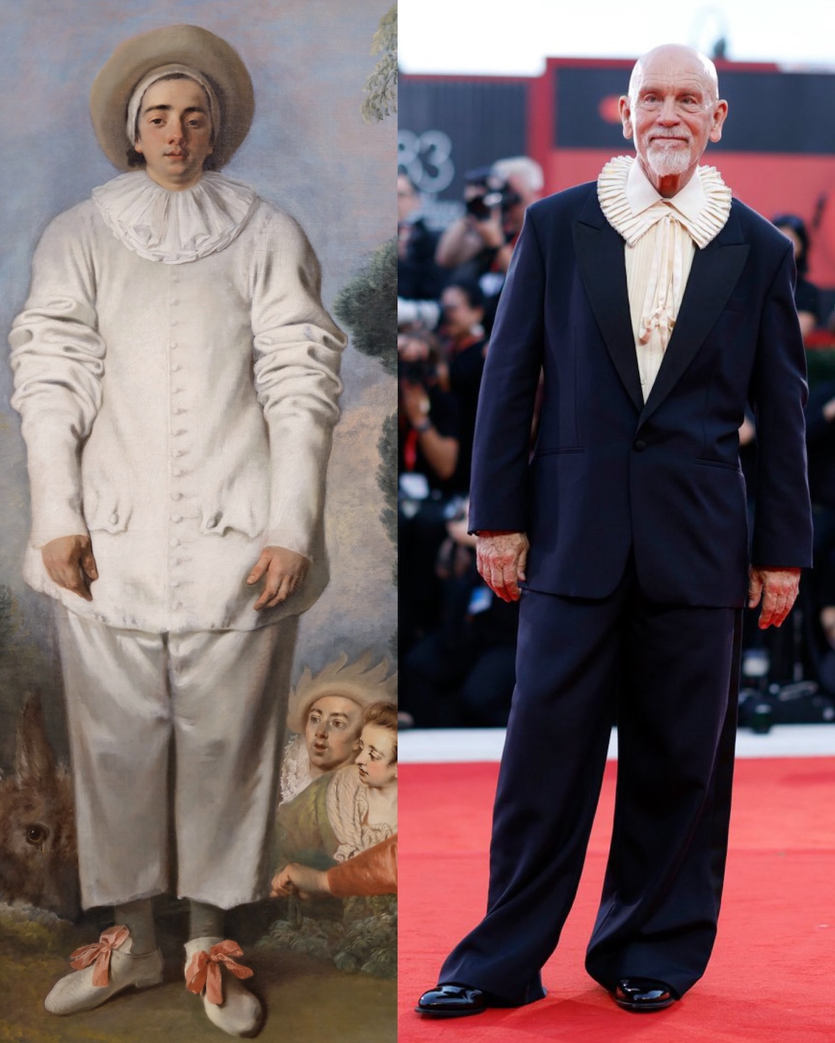 El actor John Malkovich desfiló por la alfombra roja del Festival de Cine de Venecia rindiendo homenaje al icónico cuadro de Pierrot (tradicionalmente conocido como Gilles) del pintor francés Jean-Antoine Watteau. Imagen: @meelzonart