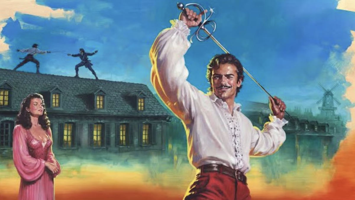 Esta imagen muestra el cartel oficial, ilustrado por James Paterson, para la obra de teatro The Popinjay Cavalier (El cavaleiro pedante), escrita y dirigida por Quentin Tarantino