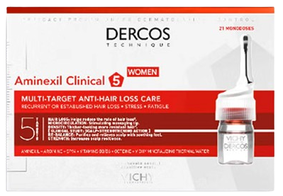 Tratamiento capilar «Dercos Aminexil Clinical Mujer» de Vichy, en formato de ampollas anticaída enriquecidas con Aminexil y vitaminas PP y B6, diseñado para ayudar a combatir la caída del cabello y revitalizar la melena